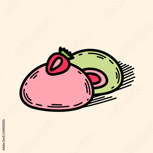 Japan tradition sweets mochi daifuku dango vector illustration. Japanese asian traditional food, cooking, menu concept. Doodle cartoon style. Moti. Japanese traditional weet soft dessert