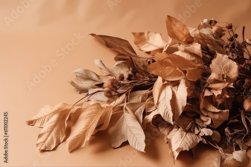 Dried bouquet of dry and leaves in beige tones, abstract plant background. Generative AI