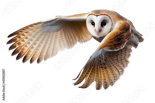 Flying common barn owl isolated on background