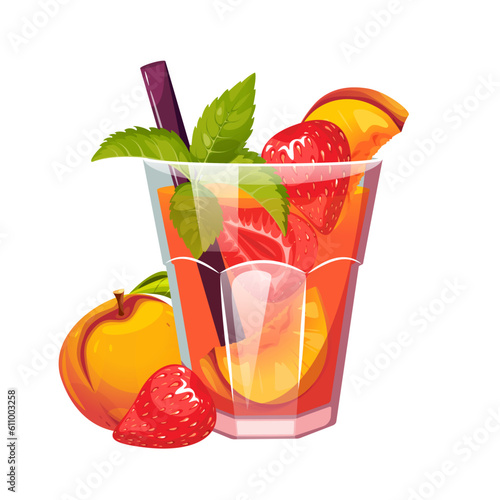 Cocktail with peach, strawberry and mint.A summer refreshing drink.Vector illustration.