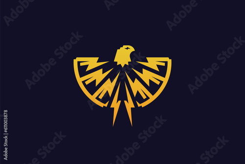Logo design of an eagle made from lightning bolts. 