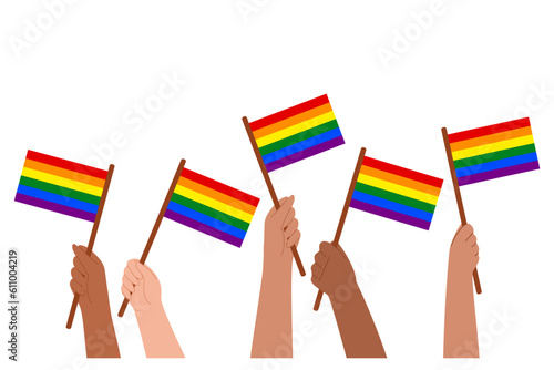 Hands waving LGBTQ flags illustration banner.

