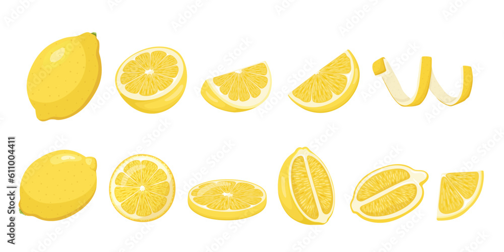 Whole yellow lemon with lemon fruit slice, round slices. Lemon peel spiral. Pieces of lemon citrus fruit, vector illustration. Big lemon set.
Lemon set. Whole yellow lemon and lemon fruit slice Whole yellow lemon with lemon fruit slice, round slices. Lemon peel spiral. Pieces of lemon citrus fruit, vector illustration. Big lemon set.
Lemon set. Whole yellow lemon and lemon fruit slice