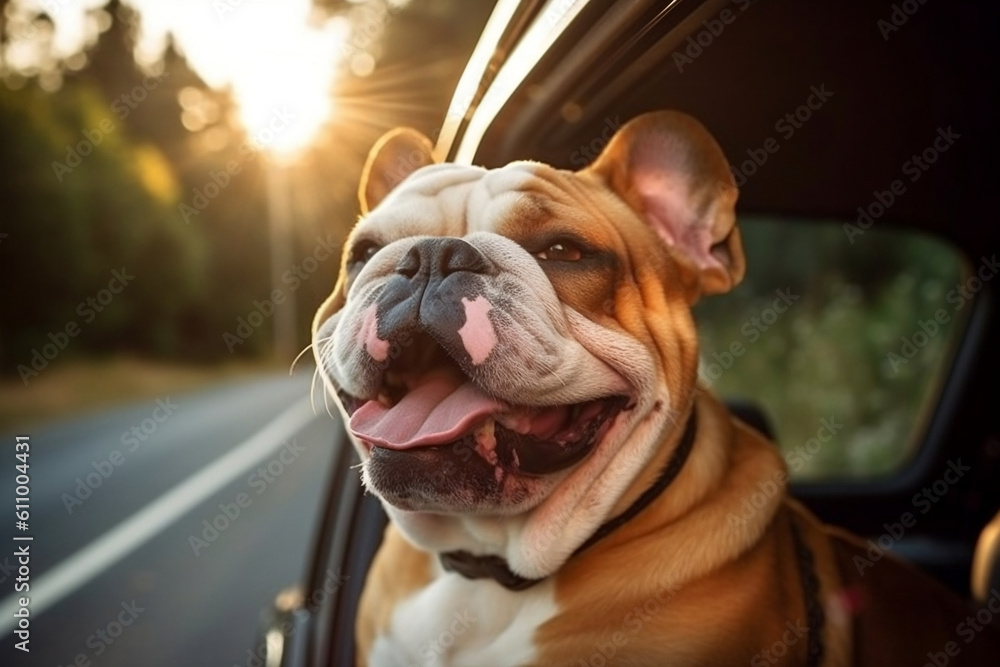 English bulldog's head leaning out of a car window on the road during a trip, his fur blowing in the breeze, happy and nice summer shot. Summer family travel concept. Generative AI Technology.