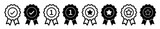 Rosette icon set with 1, tick and star. First prize icon. Premium quality ribbon. Best, high standard or top quality product vector symbols.