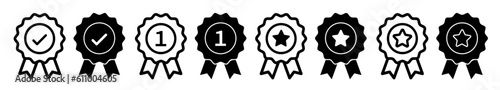 Rosette icon set with 1, tick and star. First prize icon. Premium quality ribbon. Best, high standard or top quality product vector symbols. photo