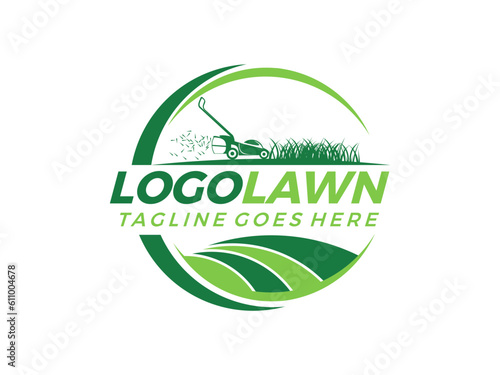 Lawn mower logo design vector illustration 
