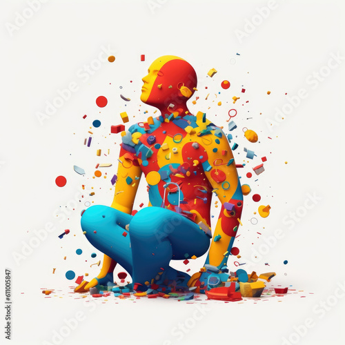 A person is depicted as a figure whose body is made up of a jumble of random objects representing the chaotic Psychology art concept. AI generation