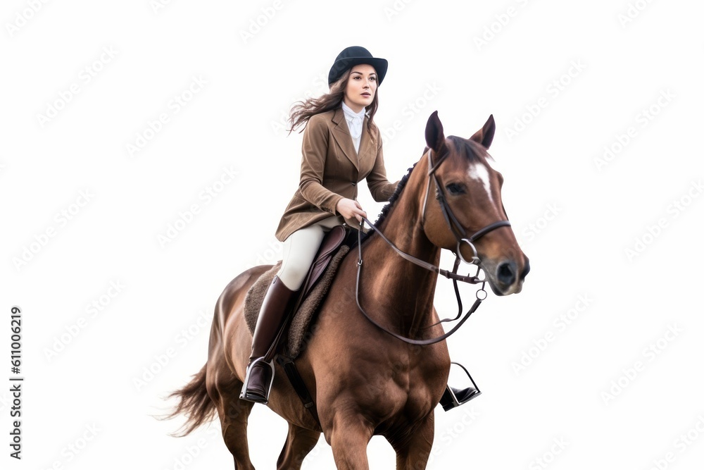 Medium shot portrait photography of a happy girl in her 30s riding a horse against a white background. With generative AI technology Medium shot portrait photography of a happy girl in her 30s riding a horse against a white background. With generative AI technology