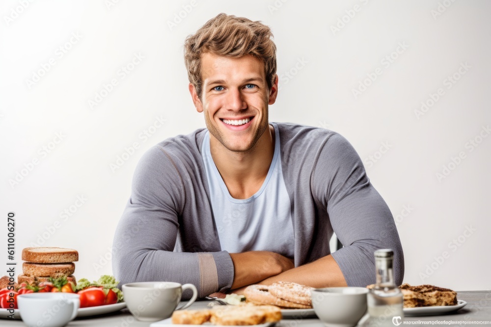 Lifestyle portrait photography of a grinning boy in his 30s having breakfast against a white background. With generative AI technology Lifestyle portrait photography of a grinning boy in his 30s having breakfast against a white background. With generative AI technology