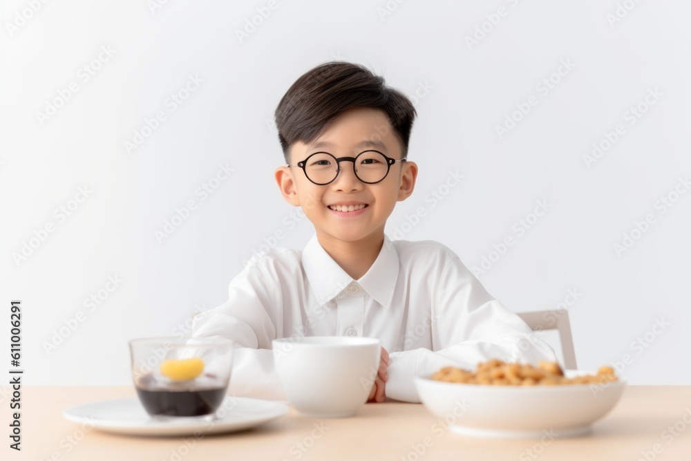 Lifestyle portrait photography of a grinning boy in his 30s having breakfast against a white background. With generative AI technology Lifestyle portrait photography of a grinning boy in his 30s having breakfast against a white background. With generative AI technology