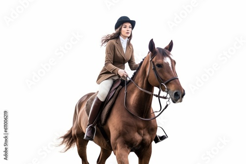 Medium shot portrait photography of a happy girl in her 30s riding a horse against a white background. With generative AI technology