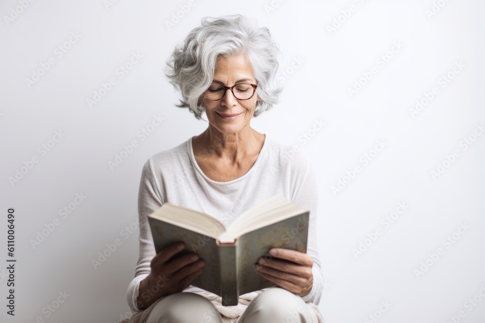 Lifestyle portrait photography of a tender mature woman reading a book against a white background. With generative AI technology Lifestyle portrait photography of a tender mature woman reading a book against a white background. With generative AI technology