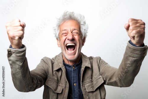 Medium shot portrait photography of a grinning mature man gesturing victory against a white background. With generative AI technology