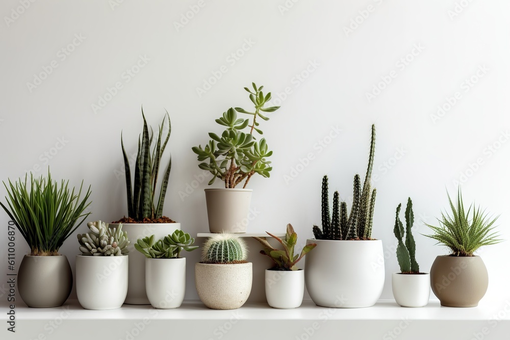 pots with plants, succulent, green herbs, generative ai