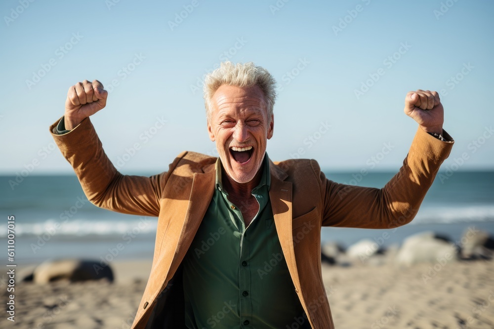 Lifestyle portrait photography of a glad mature man gesturing victory against a beach background. With generative AI technology