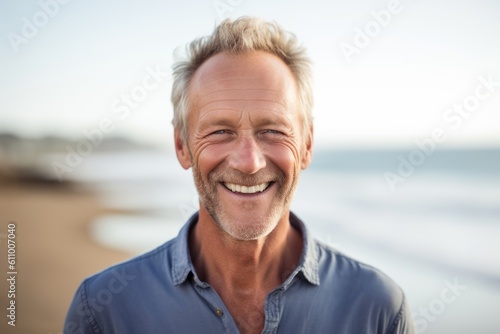 Medium shot portrait photography of a satisfied mature man smiling against a beach background. With generative AI technology