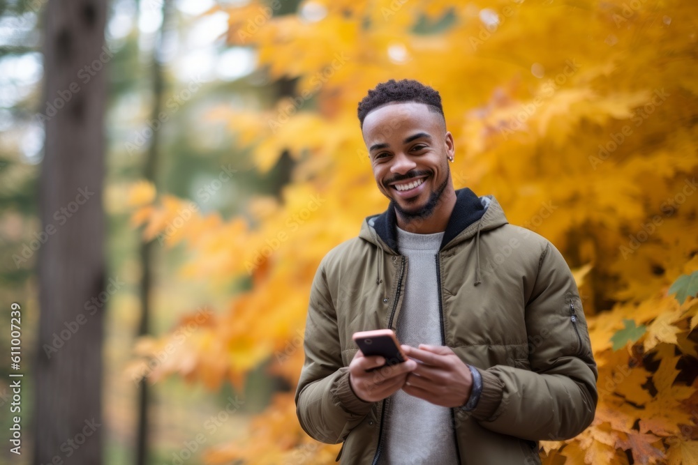 Lifestyle portrait photography of a satisfied boy in his 30s using the mobile against an autumn foliage background. With generative AI technology Lifestyle portrait photography of a satisfied boy in his 30s using the mobile against an autumn foliage background. With generative AI technology