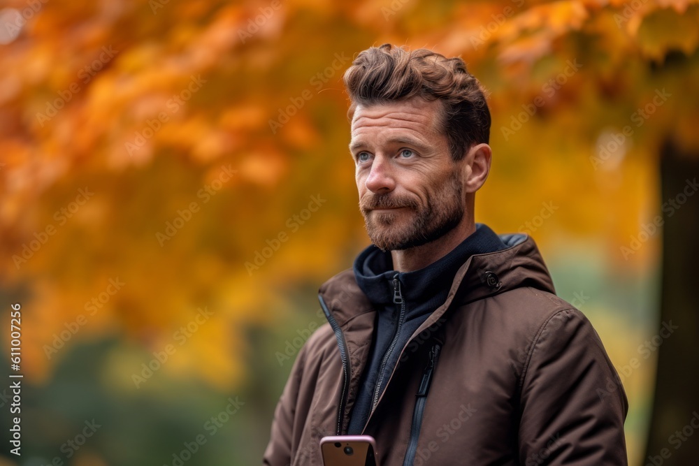Lifestyle portrait photography of a satisfied boy in his 30s using the mobile against an autumn foliage background. With generative AI technology