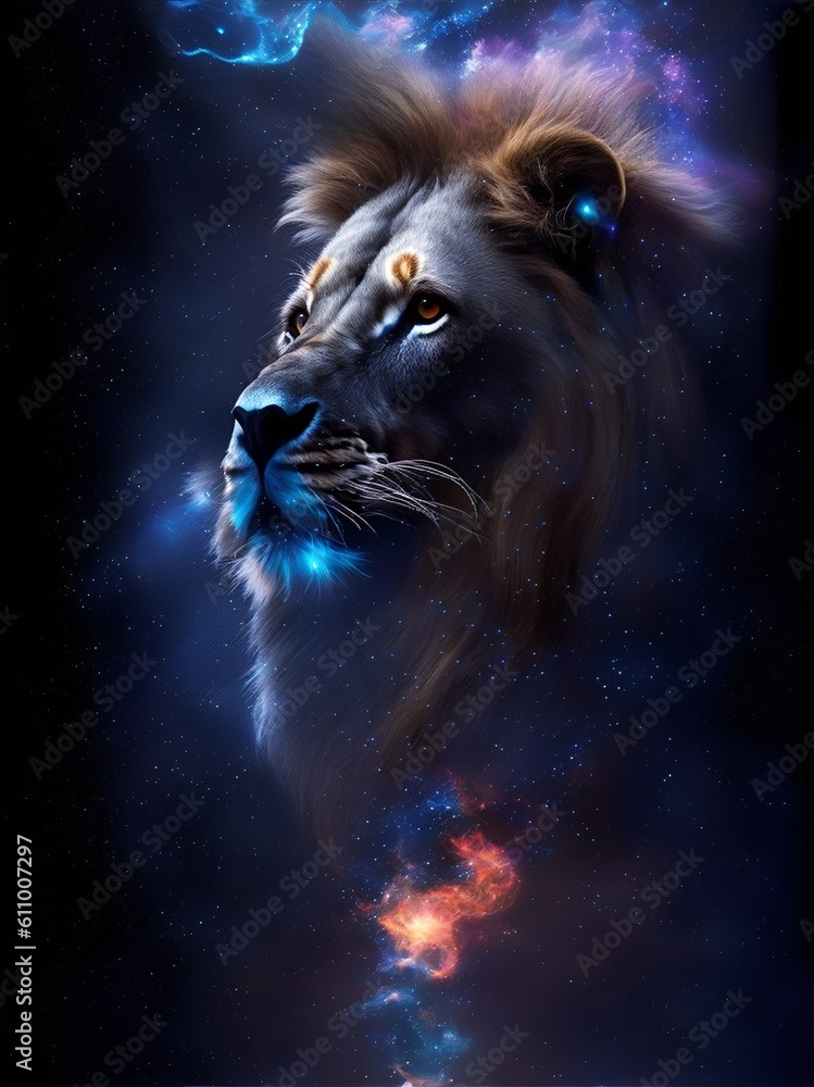 Naklejka premium Lion in space nebula, water ink. Generative AI.