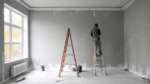 Painting the walls in gray. Renovation of the house. Generative ai