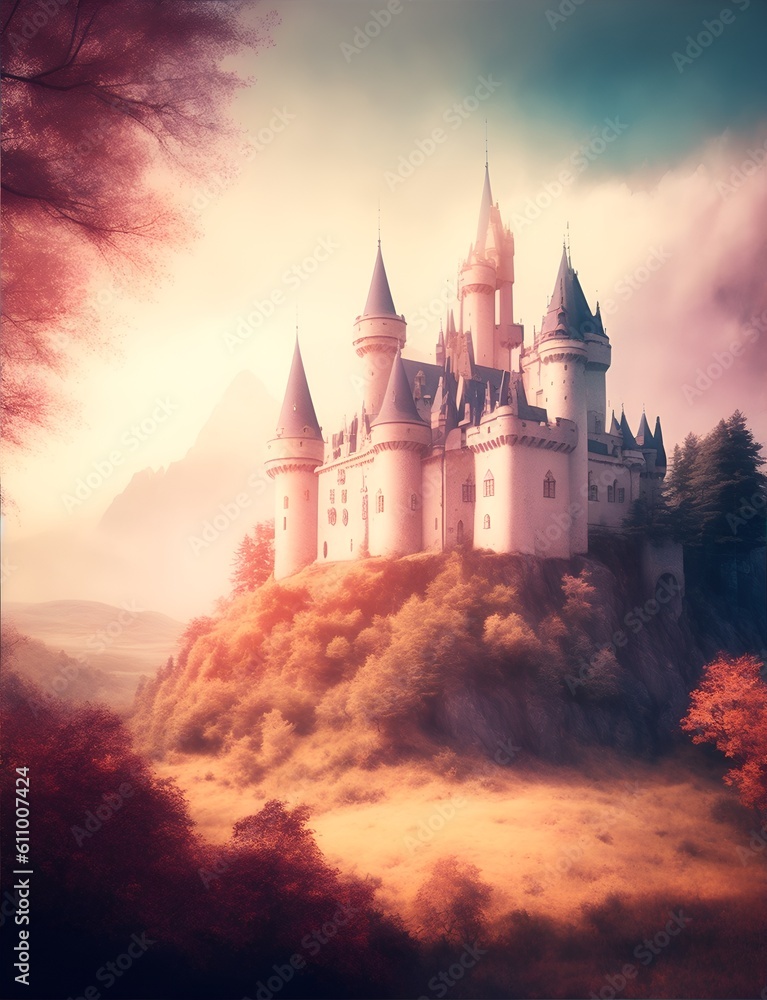 Castle, natural highlights, bright colors, realistic wide angle, mystical environment. Generative AI.