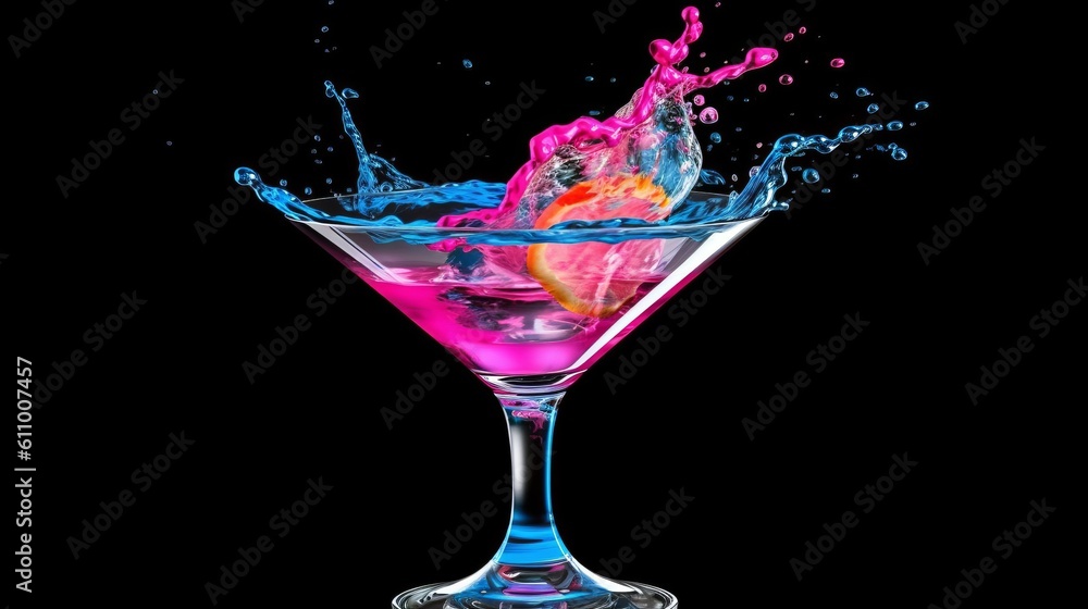 Martini cocktail drink splash with ice cubes in neon iridescent pink and blue colors. Generative ai