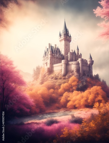 Castle, natural highlights, bright colors, realistic wide angle, mystical environment. Generative AI.