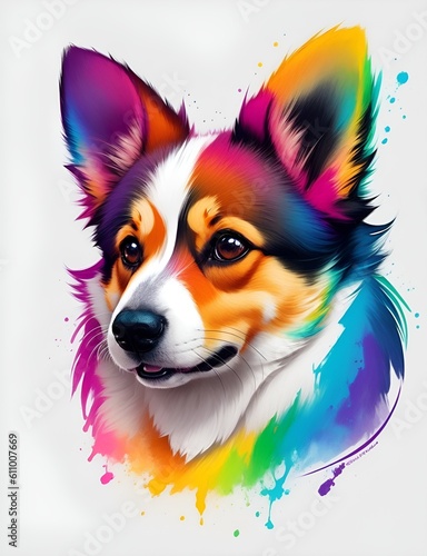 Oil panting style, colorful rainbow realistic corgi dog. Generative AI.