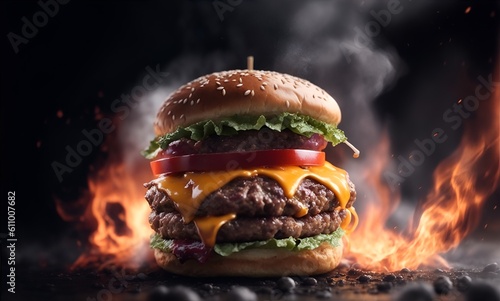 Juicy hamburger on fire. Generative AI.