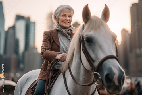 Close-up portrait photography of a glad mature woman riding a horse against a city skyline background. With generative AI technology