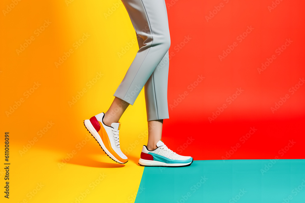 Captivating Footwear Showcase: Person Wearing Shoes in Vibrant Minimalist Setting Captivating Footwear Showcase: Person Wearing Shoes in Vibrant Minimalist Setting