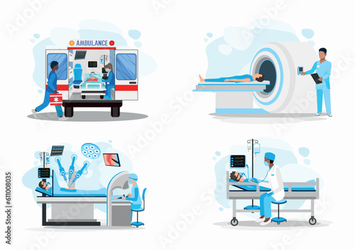 Doctor and patient vector illustration set. Paramedics provide assistance to the patient, MRI examination, robotic surgery, resuscitation, life saving. Thank you doctors and nurses.