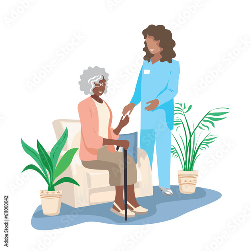 Nurse taking care of the elderly. Caring for the elderly in a nursing home. Thanks nurses. Vector illustration in a flat style.