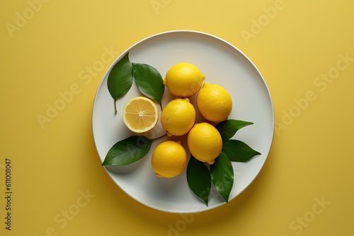 Lemons, yuzu fruit and green leaves on yellow background. Top view flat lay copy space. Lemon fruit citrus minimal concept vitamin C