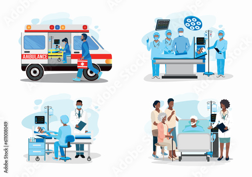 Doctor and patient vector illustration set. Paramedics assist the patient, surgery, resuscitation, visitors in the patient's room. Thank you doctors and nurses for saving lives.
