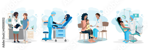 Doctor and patient vector illustration set. A patient in the office of a traumatologist, dentist, pediatrician, blood donor. Thank you doctors and nurses.