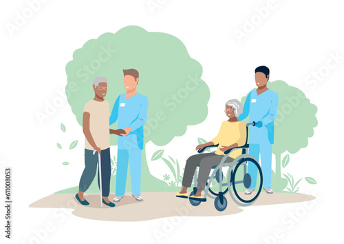 Nurse taking care of the elderly. Caring for the elderly in a nursing home. Thanks nurses. Vector illustration in a flat style.