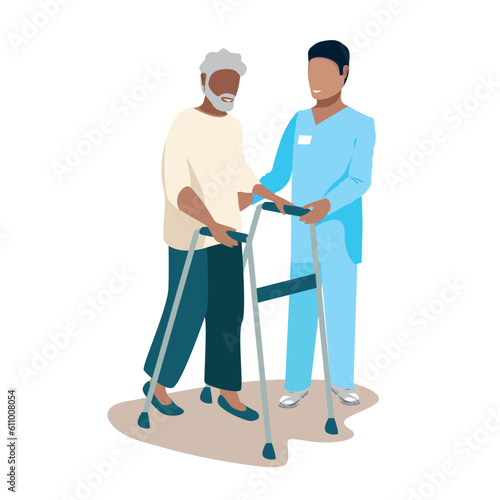 Nurse taking care of the elderly. Caring for the elderly in a nursing home. Thanks nurses. Vector illustration in a flat style.