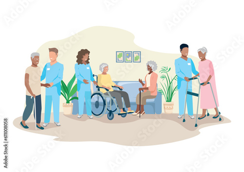 Nurses take care of the elderly in a nursing home. Happy older men and women and friendly nurses. Thanks nurses. Vector illustration in a flat style.
