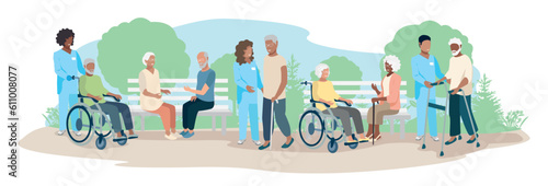 Nurses take care of the elderly in a nursing home. Happy older men and women and friendly nurses. Thanks nurses. Vector illustration in a flat style.