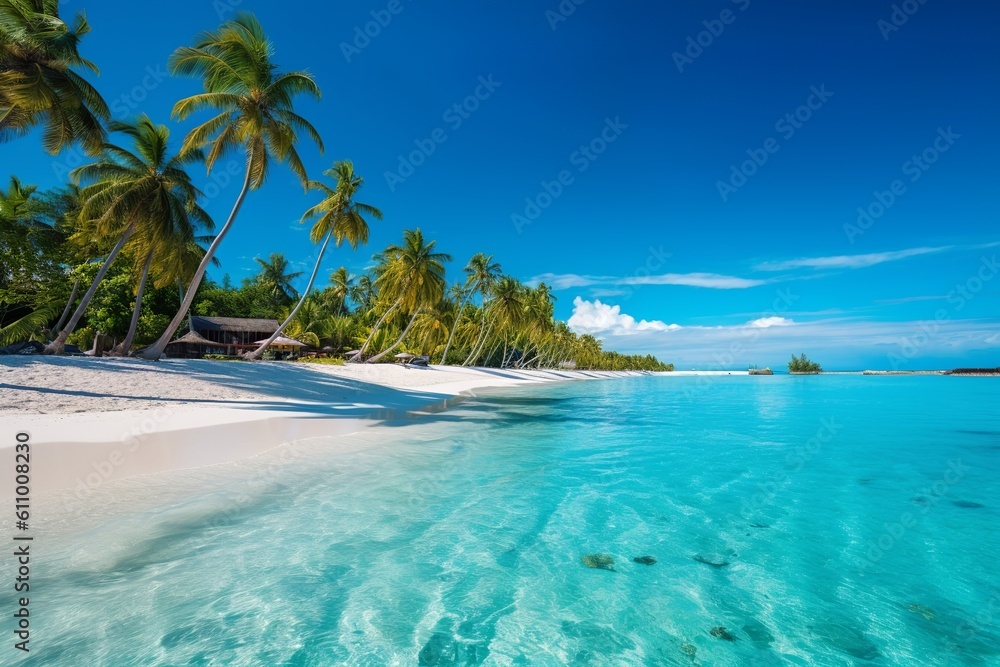 Fototapeta premium beautiful carribean beach with palm trees and ocean and white sand, generative ai