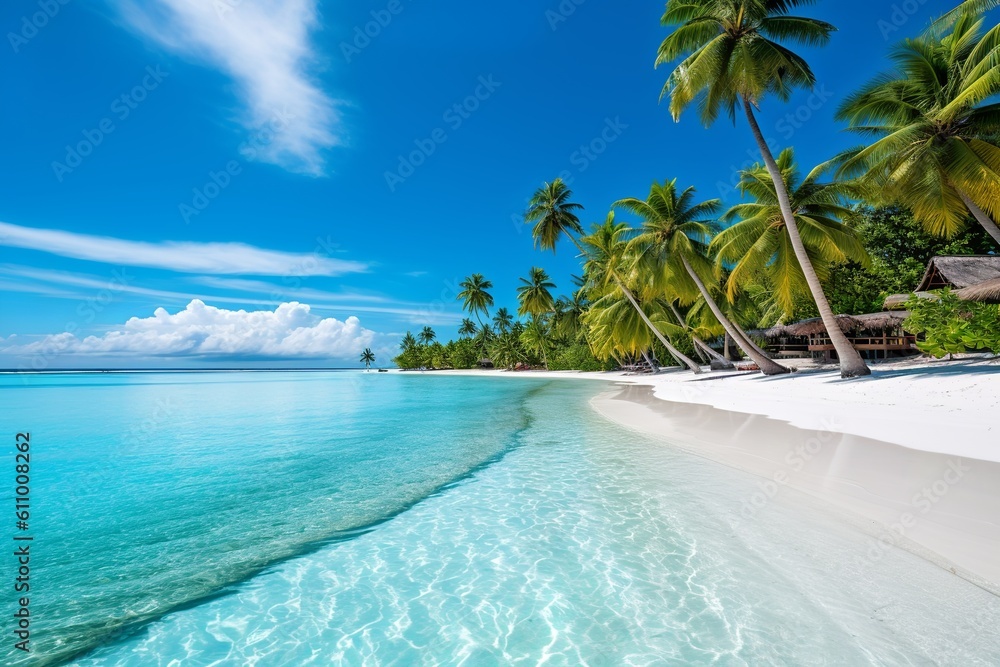 Fototapeta premium beautiful carribean beach with palm trees and ocean and white sand, generative ai