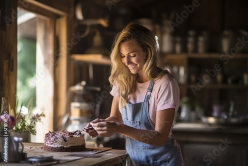 Lifestyle portrait photography of a satisfied girl in her 30s making a cake against a rustic barn background. With generative AI technology