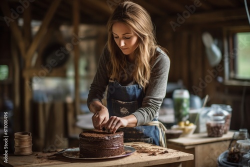Lifestyle portrait photography of a satisfied girl in her 30s making a cake against a rustic barn background. With generative AI technology