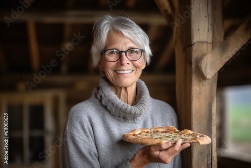 Medium shot portrait photography of a glad mature girl holding a piece of pizza against a rustic barn background. With generative AI technology