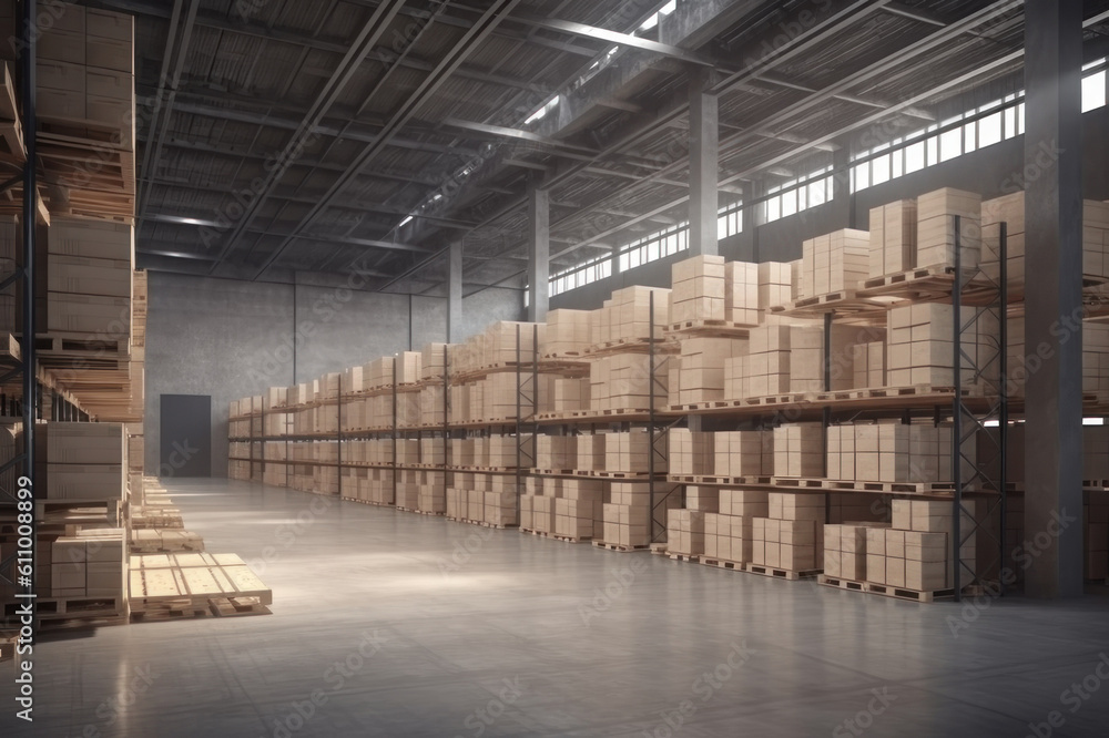 Large hoard with boxes on the shelves. AI generative. Large hoard with boxes on the shelves. AI generative.