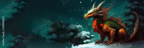 Fairy dragon in snowy forest with place for text. chinese new year banner  copy space. The year of dragon. Chinese culture and traditions. New year 2024. Merry Christmas. dragon fantasy Generative AI