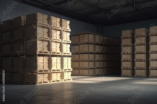 Warehouse with boxes on racks. AI generative.