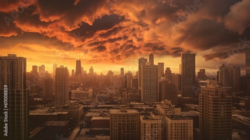 city downtown skyline at sunset, beautiful orange lights, epic view, colorful clouds, generative ai